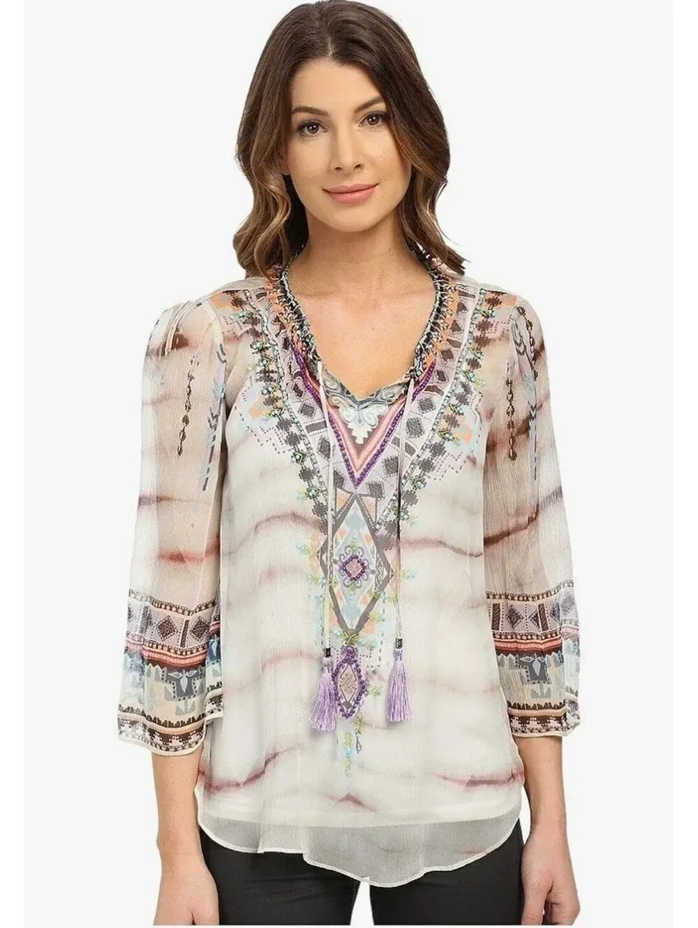 Hale Bob Women's Wearable Art Silk Crinkle Chiffon Beaded Detail Blouse Size M